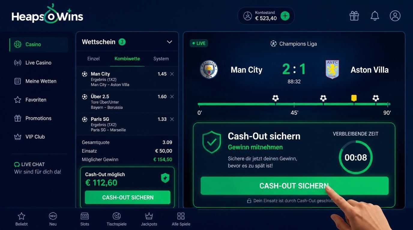Screenshot eines Wettscheins mit aktivem âCash-Outâ-Button und Countdown zur Spieldauer