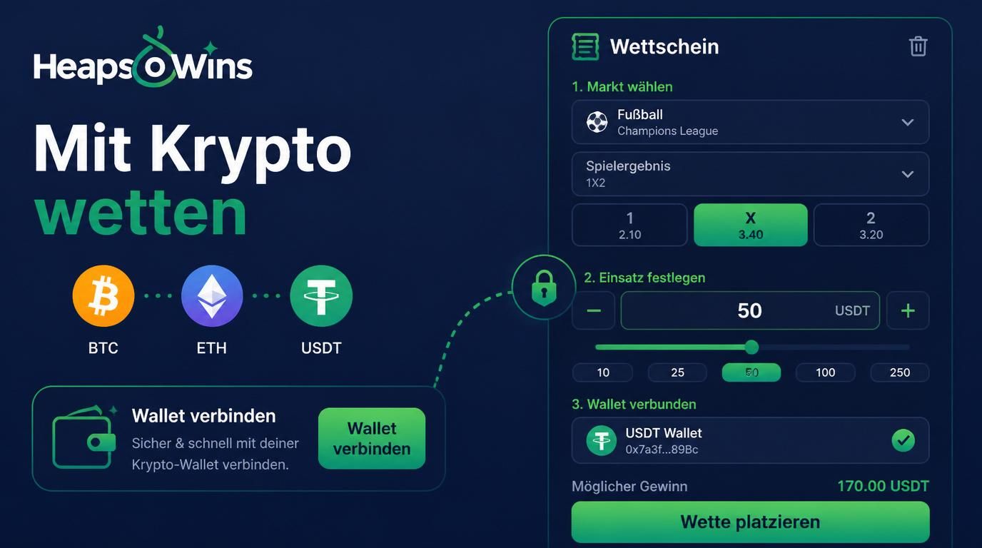 Krypto-Wallet verbunden mit Wettschein und Einsatzwahl auf Bildschirm