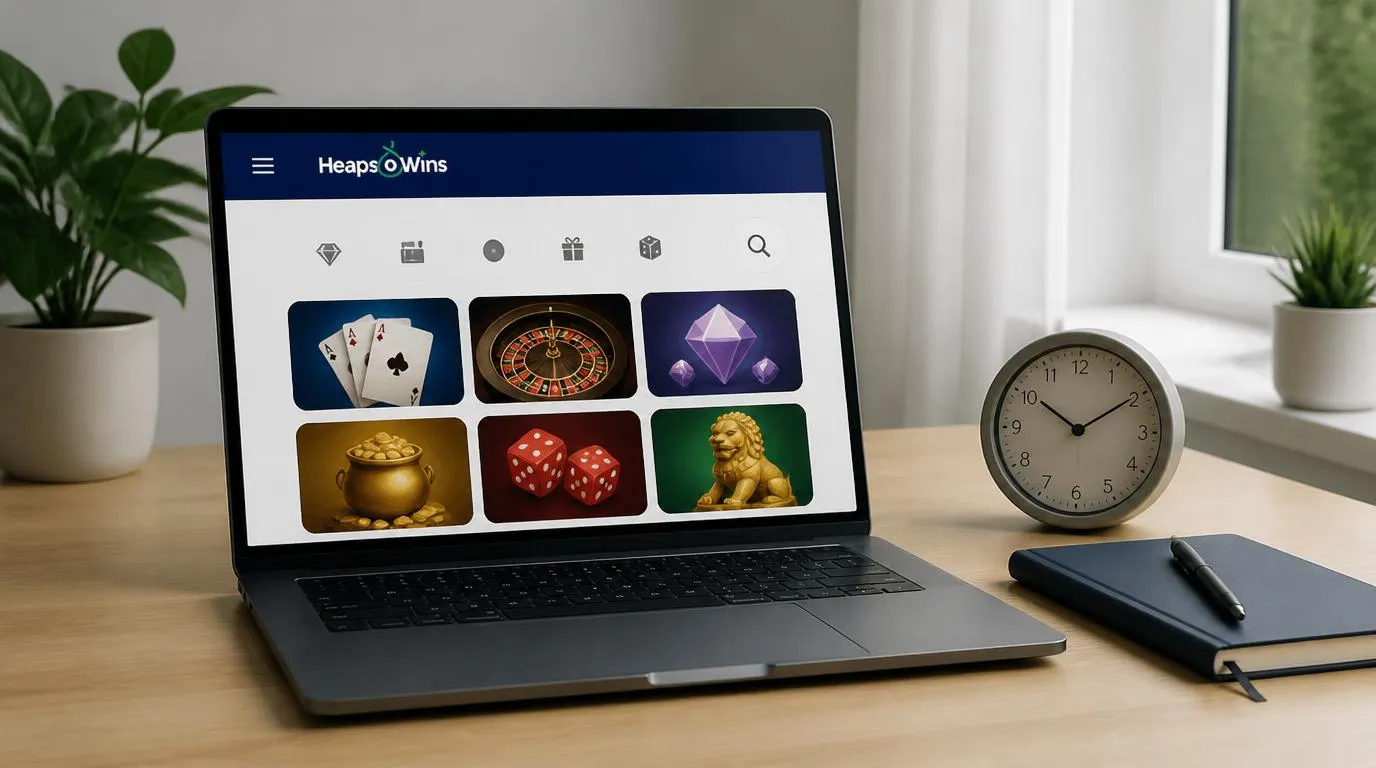 Aufgeräumte Casino-Webseite auf einem Laptop neben einer Uhr und einem geschlossenen Notizbuch