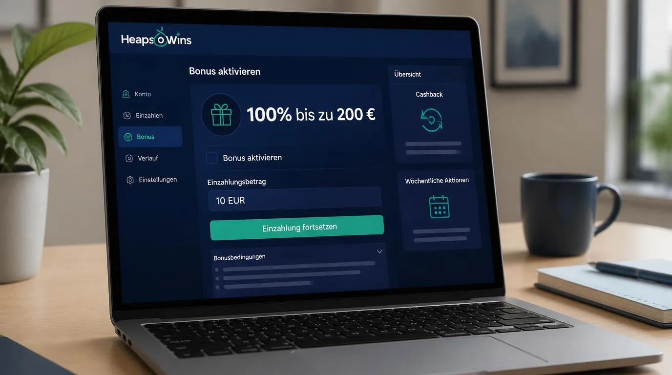 Bonusübersicht mit 100% bis zu 200 € und einer Einzahlung von 10 EUR auf einem Laptop