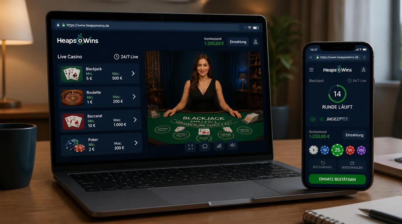 Live-Casino-Lobby auf Laptop und Smartphone mit Tischlimits, Dealer-Stream und gut sichtbarem Rundentimer