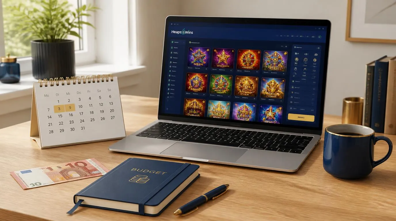 Casino-Spielauswahl auf einem Laptop neben einem Zehn-Euro-Schein und einem Kalender mit drei markierten Tagen